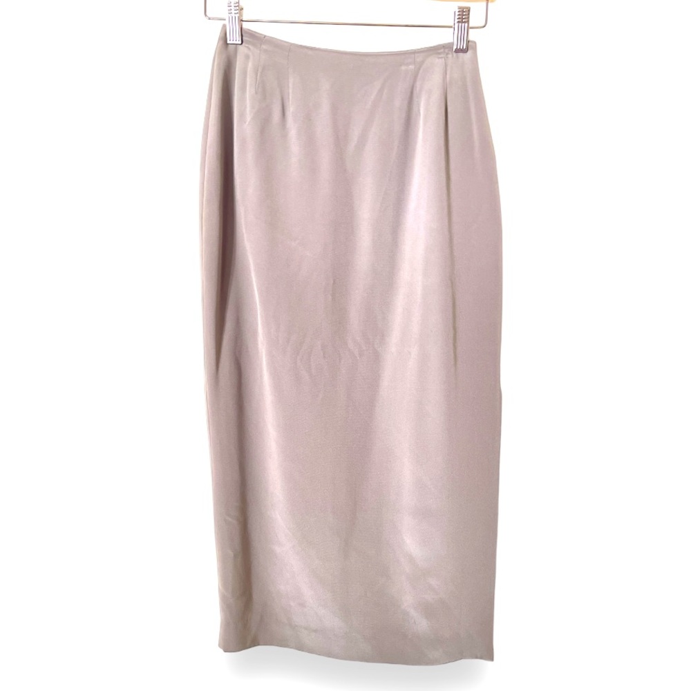 Linda Allard Ellen Tracy 100% Silk Silver Grey MIDI Skirt with side Slit. p2